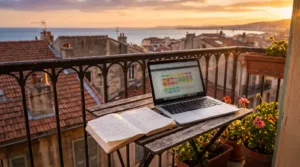 Balcon niçois au coucher du soleil, ordinateur affichant un calendrier tarifaire : la commission unique Airbnb de 15,5 % impose de réajuster ses prix