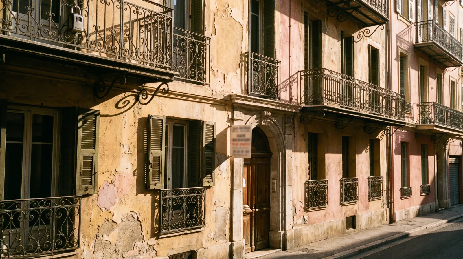 Façade d'immeuble Belle Époque dans le Vieux-Nice avec boîte à clés sur un balcon — changement d'usage meublé de tourisme Nice 2026