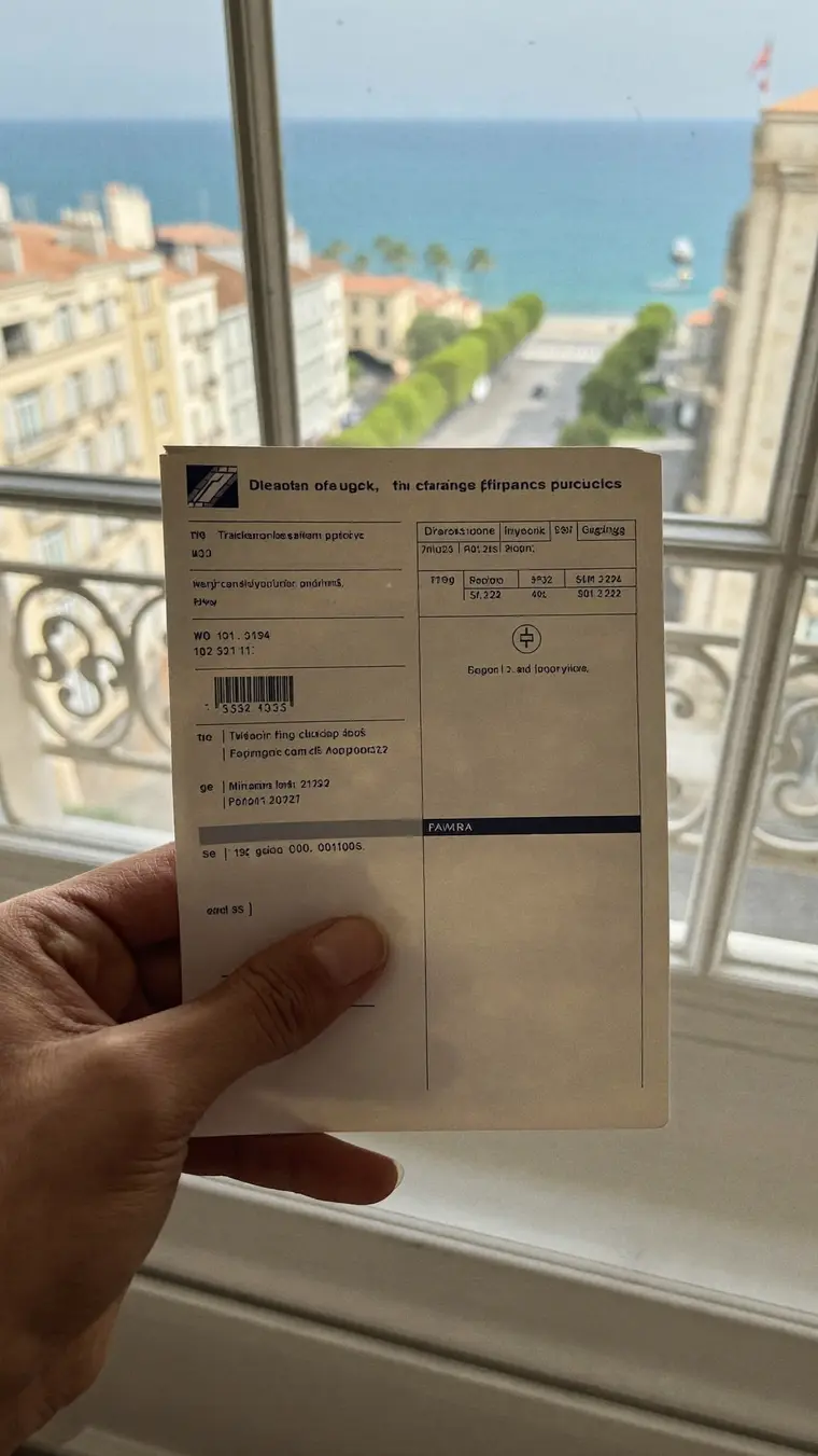 Main tenant une enveloppe de l'administration fiscale, Promenade des Anglais à Nice en arrière-plan